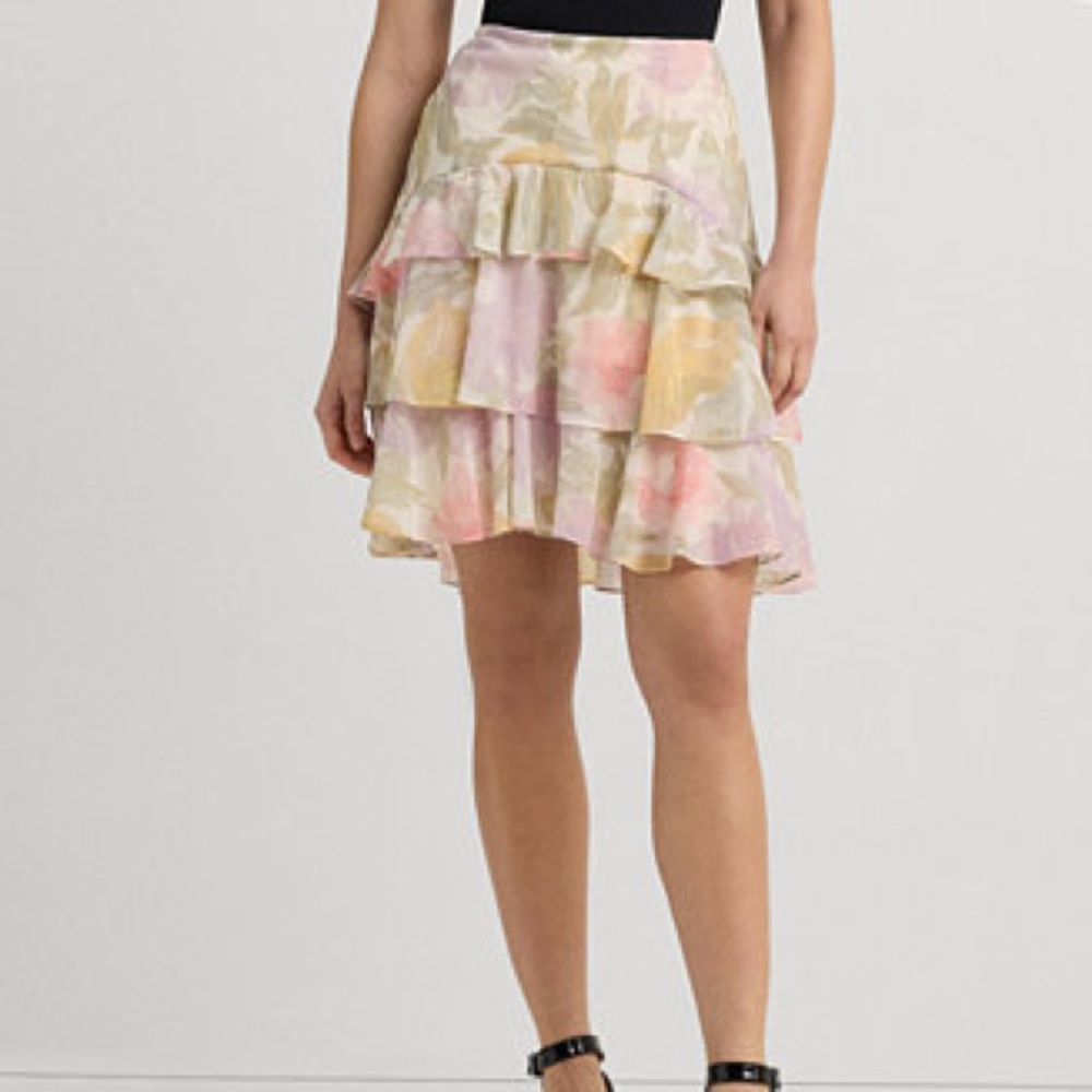 Lauren Ralph Lauren Crinkle Georgette Tiered Skirt NWT Floral Yellow Size 10